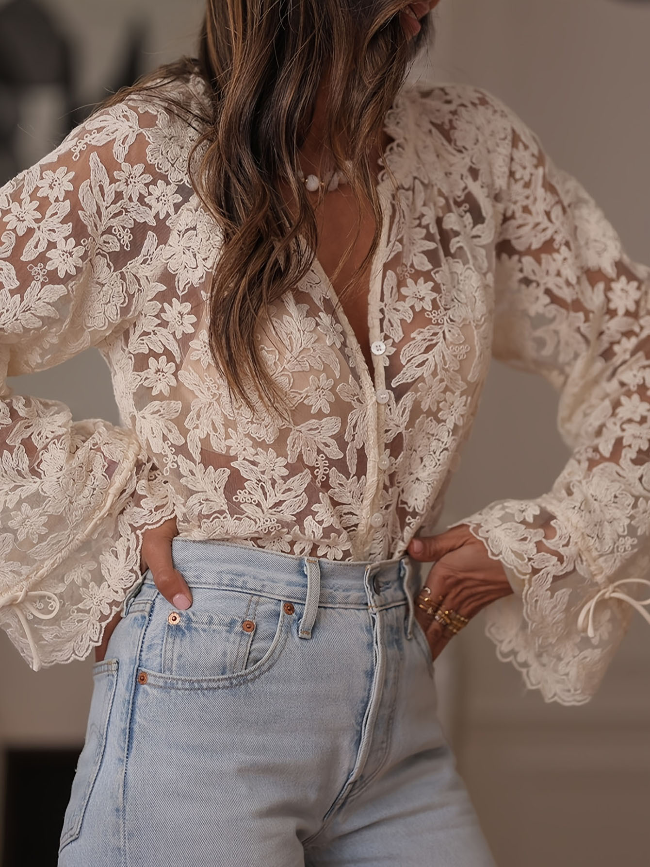 European And American Export Women's Clothing K-Style New Cut Out Casual Lace Shirt Lace