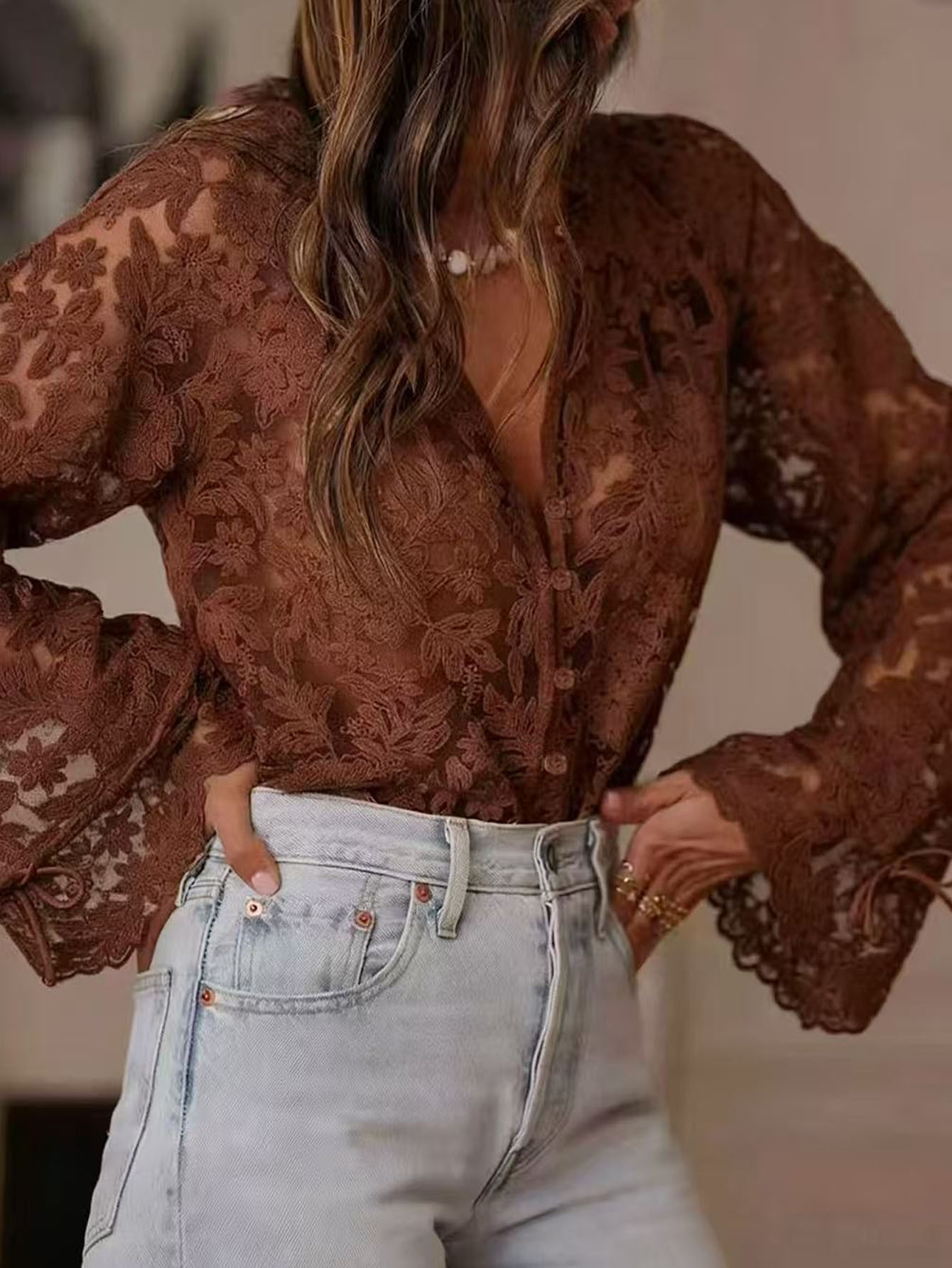 European And American Export Women's Clothing K-Style New Cut Out Casual Lace Shirt Lace