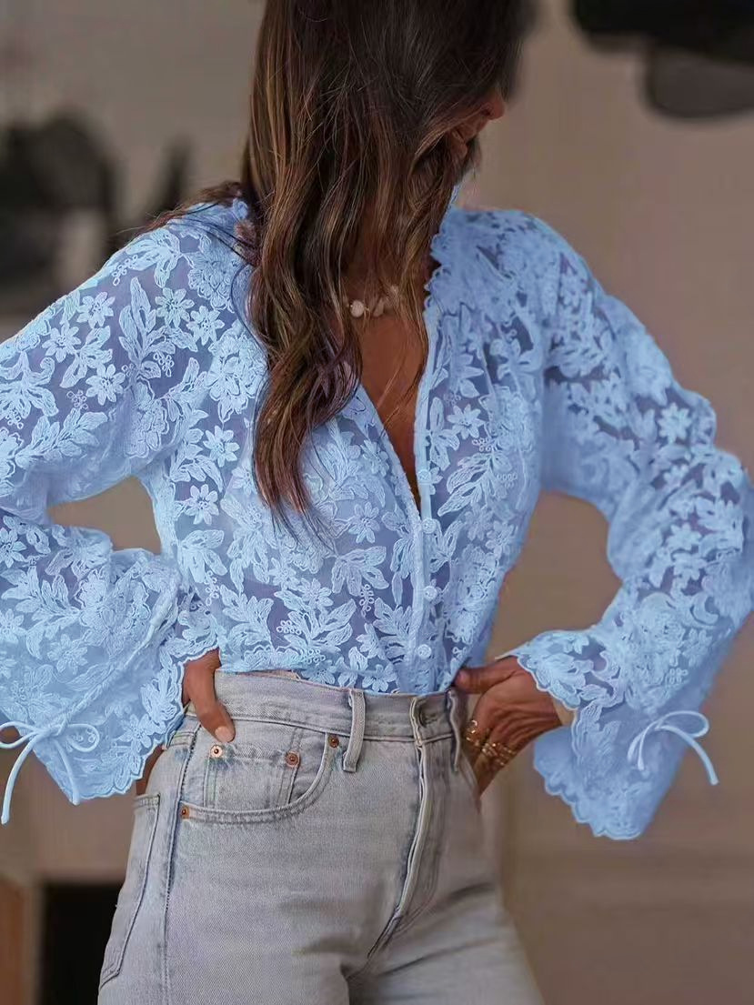 European And American Export Women's Clothing K-Style New Cut Out Casual Lace Shirt Lace