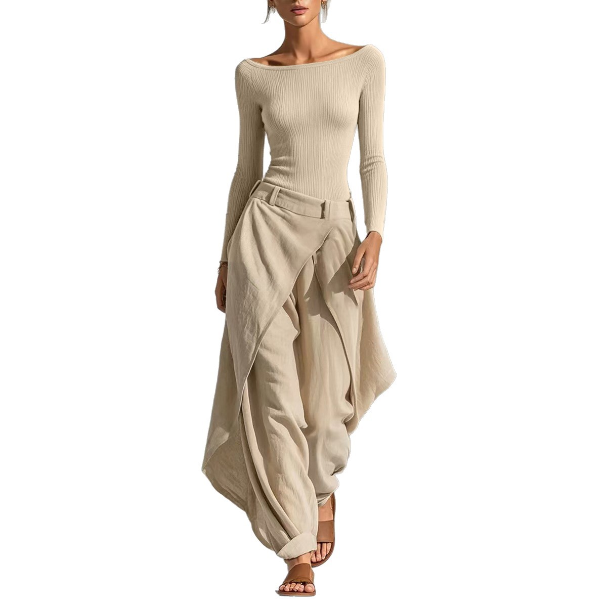 European And American French-style Off-shoulder Slim-fit Long-sleeve Top And Irregular