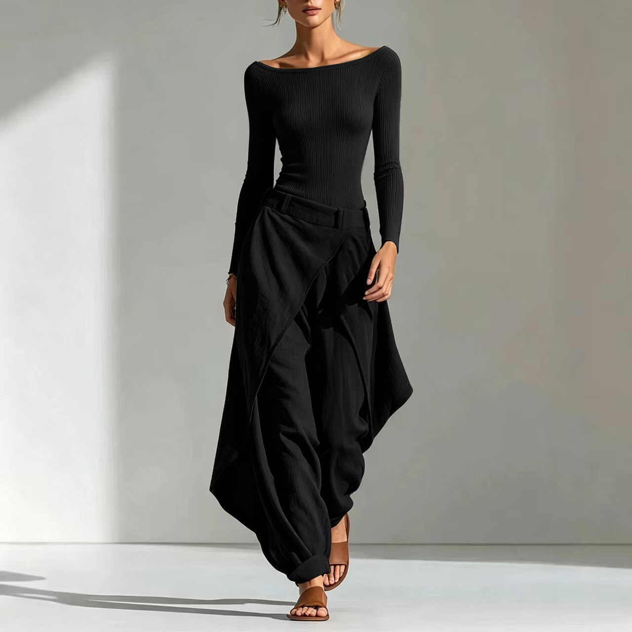 European And American French-style Off-shoulder Slim-fit Long-sleeve Top And Irregular