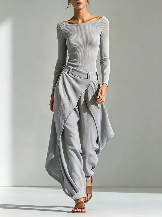 European And American French-style Off-shoulder Slim-fit Long-sleeve Top And Irregular