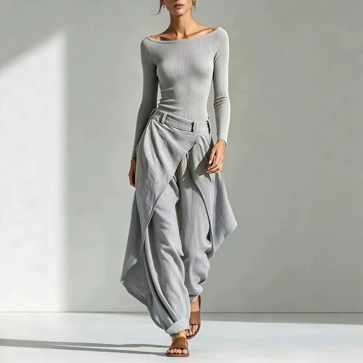 European And American French-style Off-shoulder Slim-fit Long-sleeve Top And Irregular