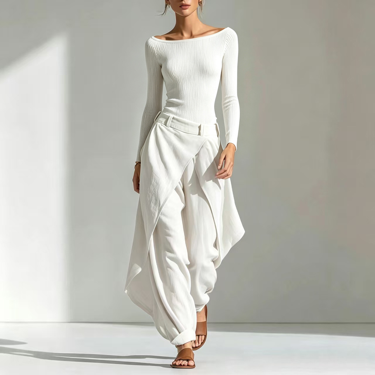 European And American French-style Off-shoulder Slim-fit Long-sleeve Top And Irregular