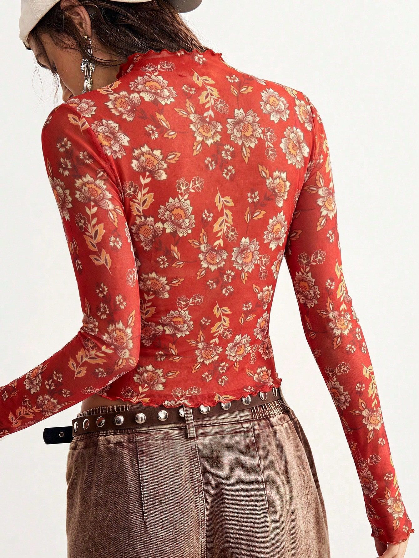 European And American Ins 2026 Autumn New Vintage Fashion Floral Print Mesh Top Slim-fit