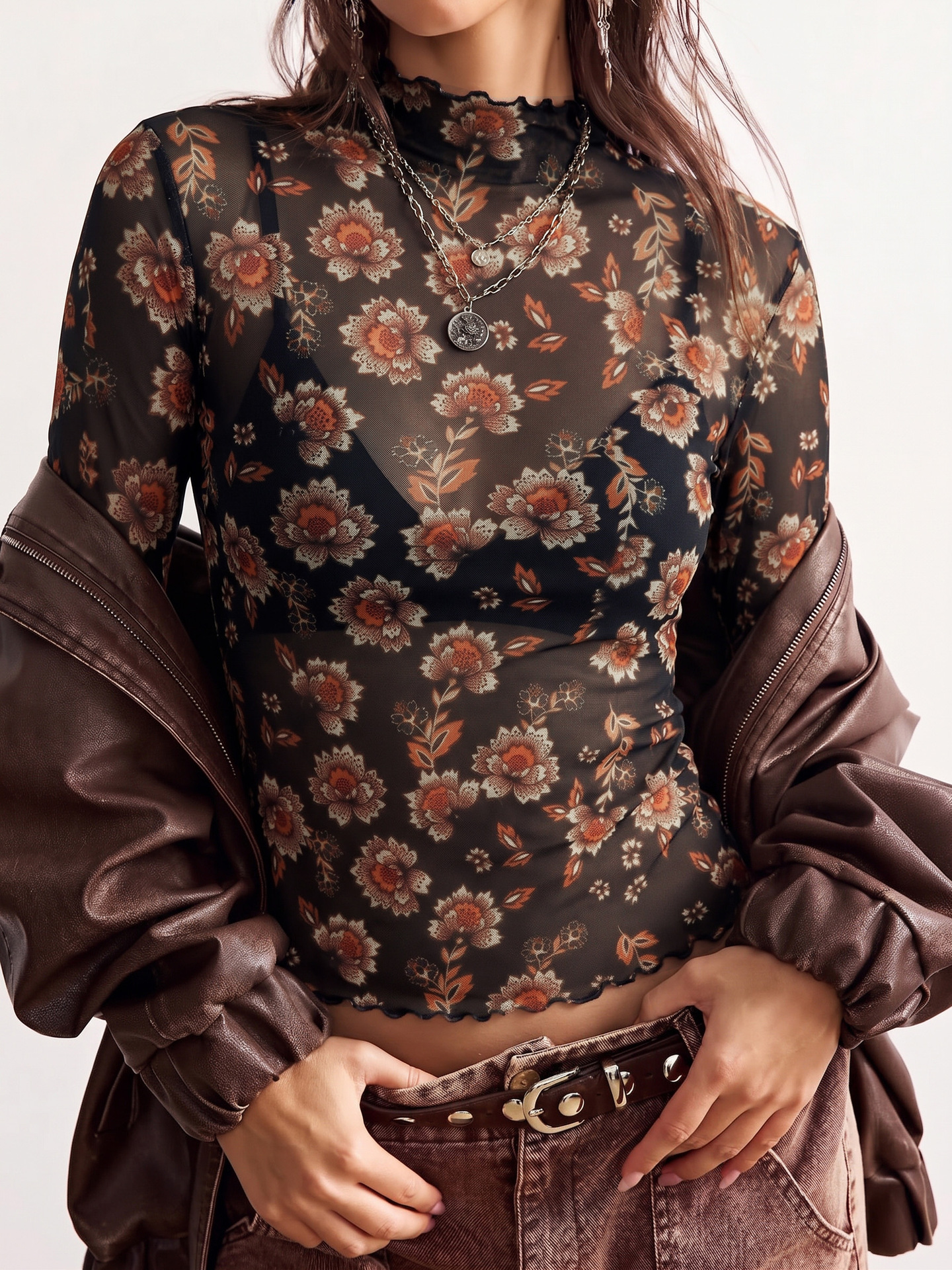 European And American Ins 2026 Autumn New Vintage Fashion Floral Print Mesh Top Slim-fit