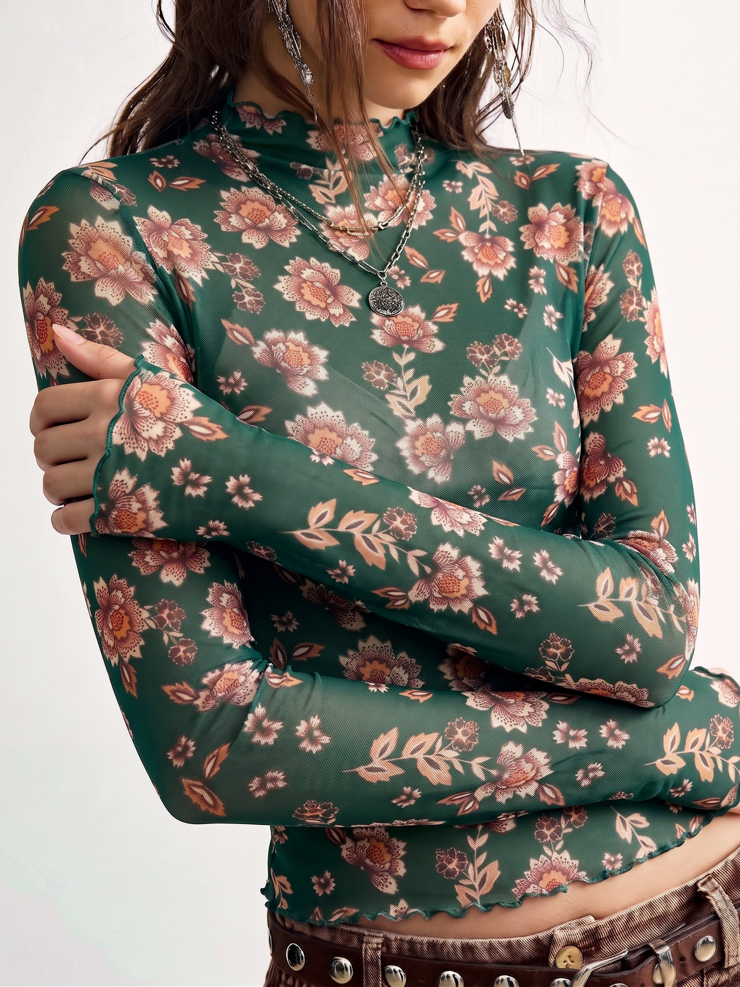 European And American Ins 2026 Autumn New Vintage Fashion Floral Print Mesh Top Slim-fit
