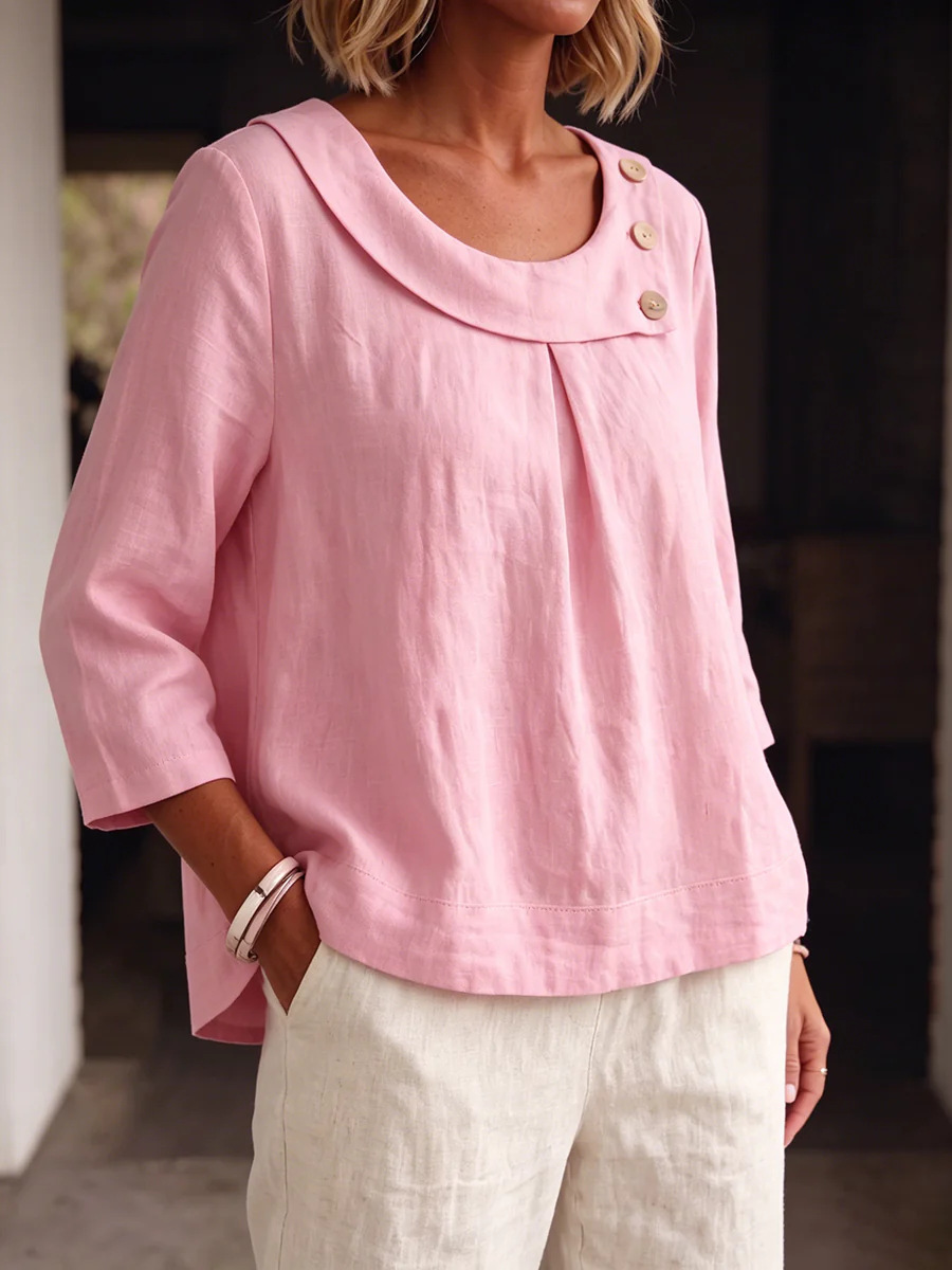 European And American New Amazon Cotton And Linen Casual Elegant Workwear Round Neck Shirt