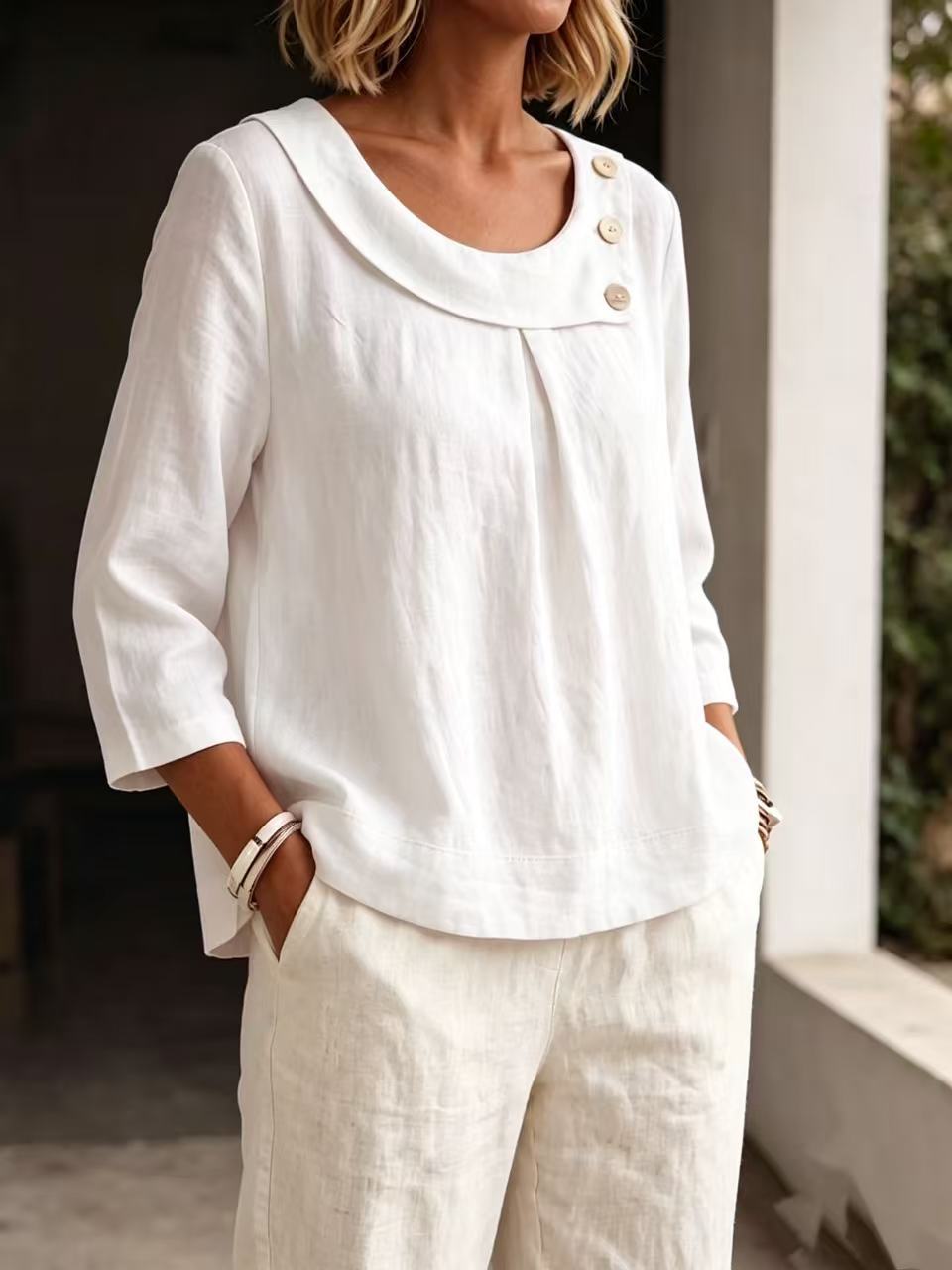 European And American New Amazon Cotton And Linen Casual Elegant Workwear Round Neck Shirt