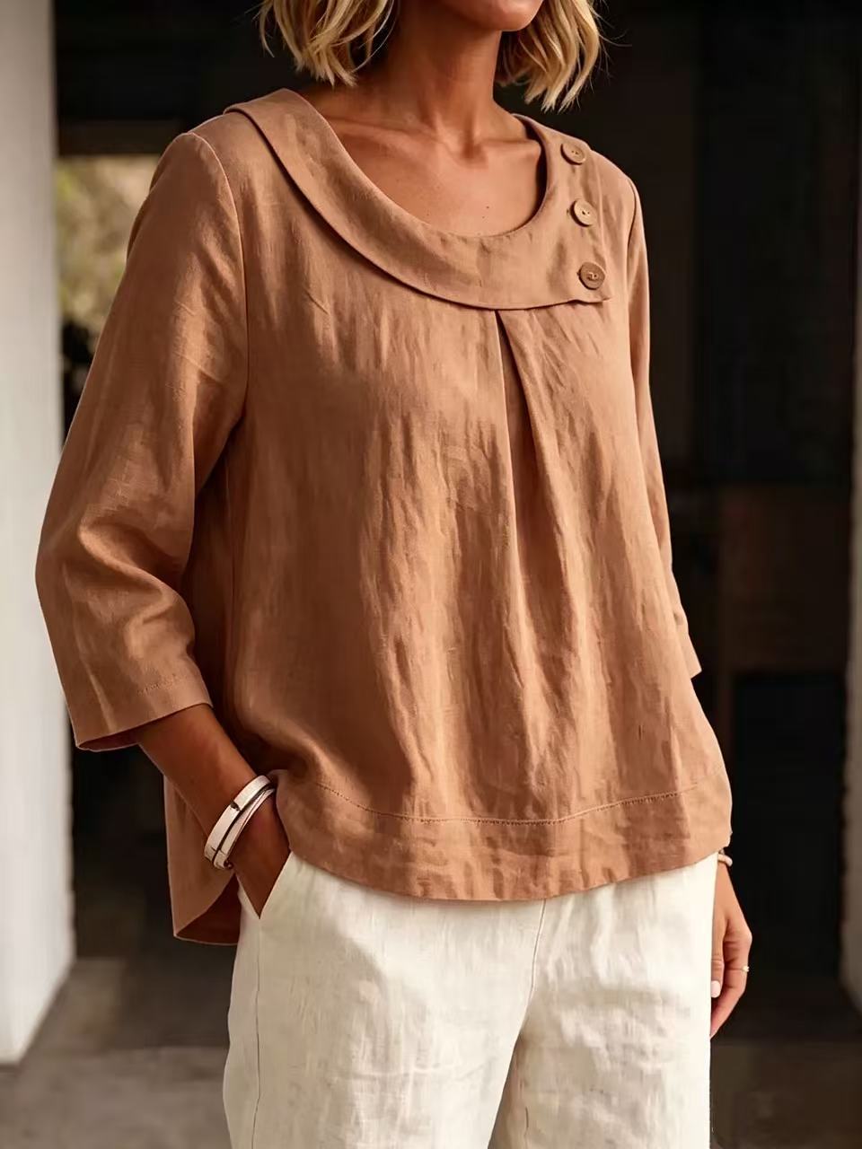 European And American New Amazon Cotton And Linen Casual Elegant Workwear Round Neck Shirt