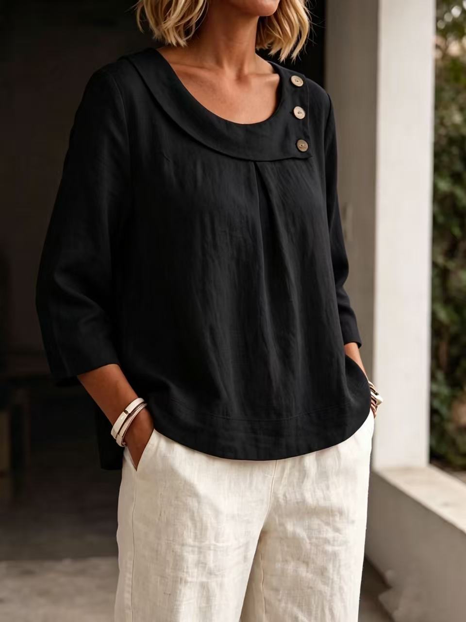 European And American New Amazon Cotton And Linen Casual Elegant Workwear Round Neck Shirt