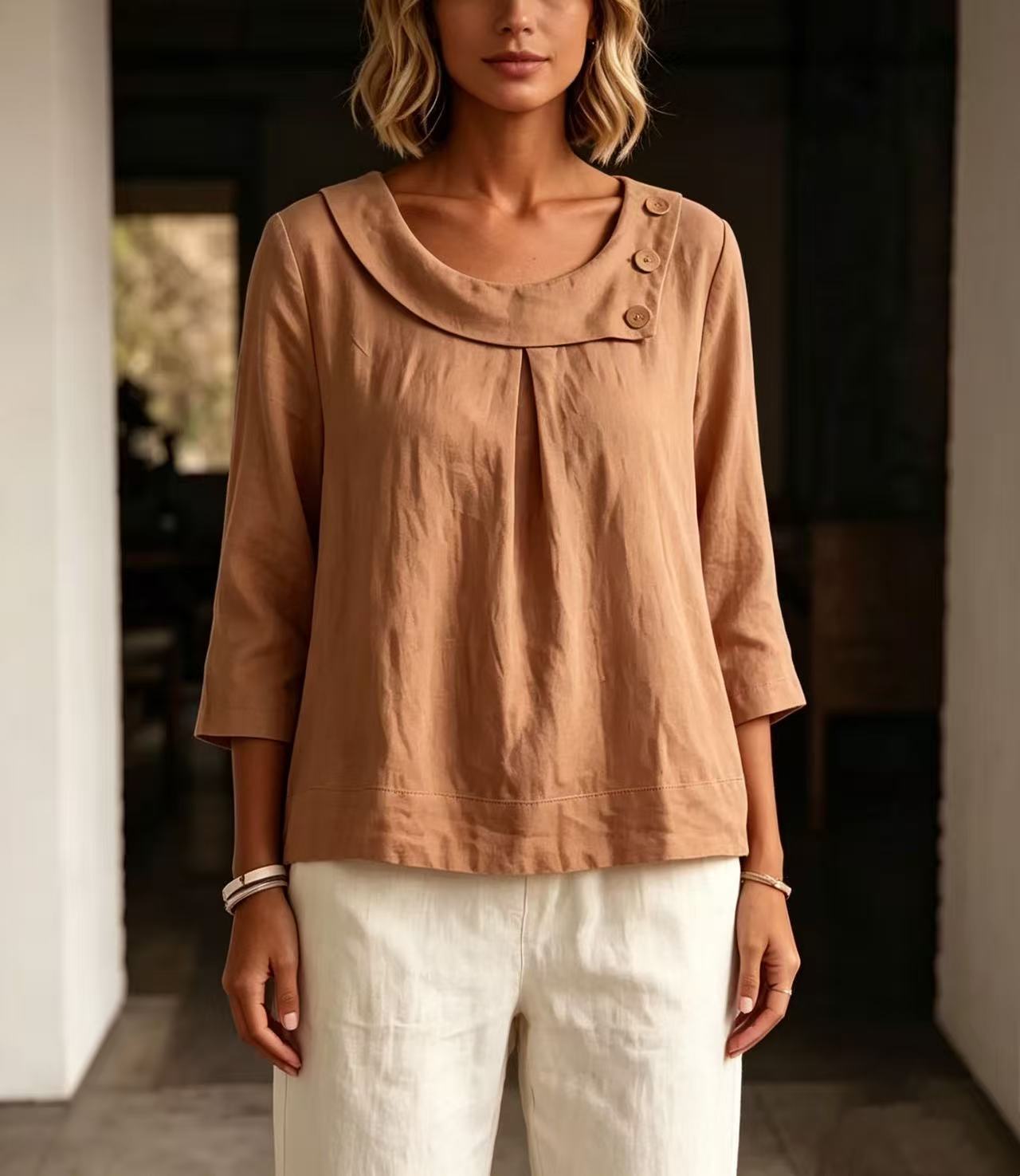 European And American New Amazon Cotton And Linen Casual Elegant Workwear Round Neck Shirt