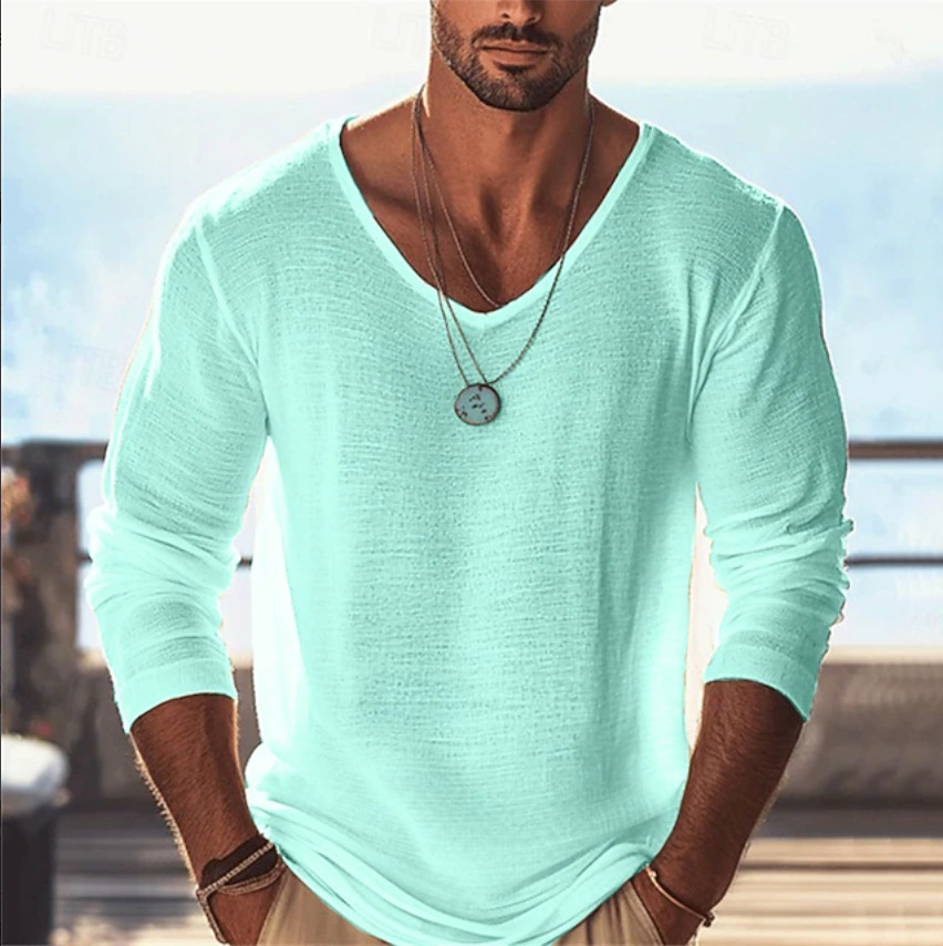 European And American Spring Men's Solid Color Thin Breathable V-Neck Casual Long-Sleeved