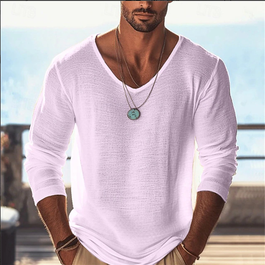 European And American Spring Men's Solid Color Thin Breathable V-Neck Casual Long-Sleeved