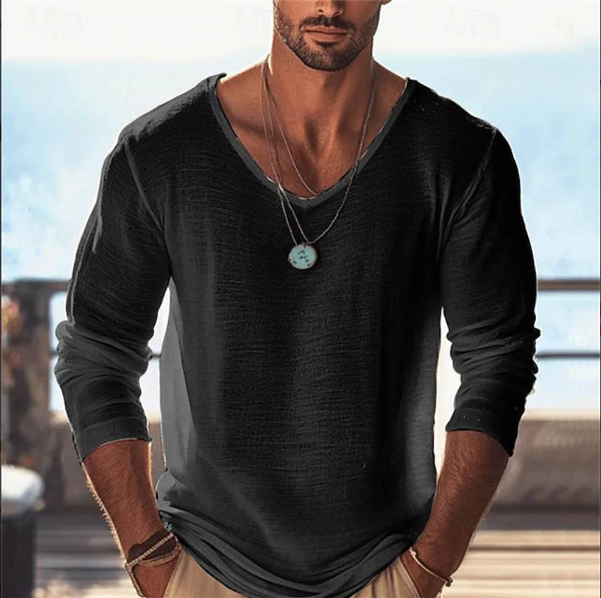 European And American Spring Men's Solid Color Thin Breathable V-Neck Casual Long-Sleeved