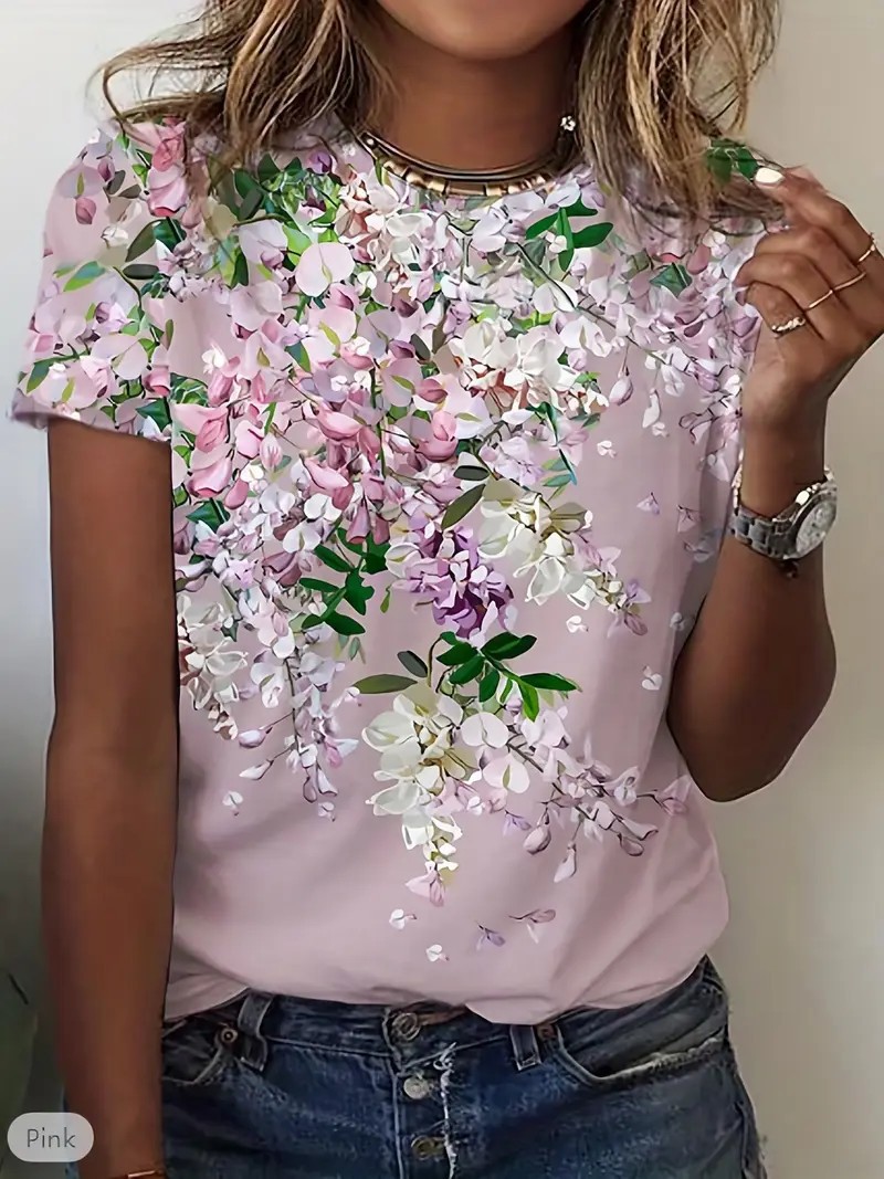 European And American Style 3D Printed Round Neck Short Sleeve Tshirt, New Summer Floral