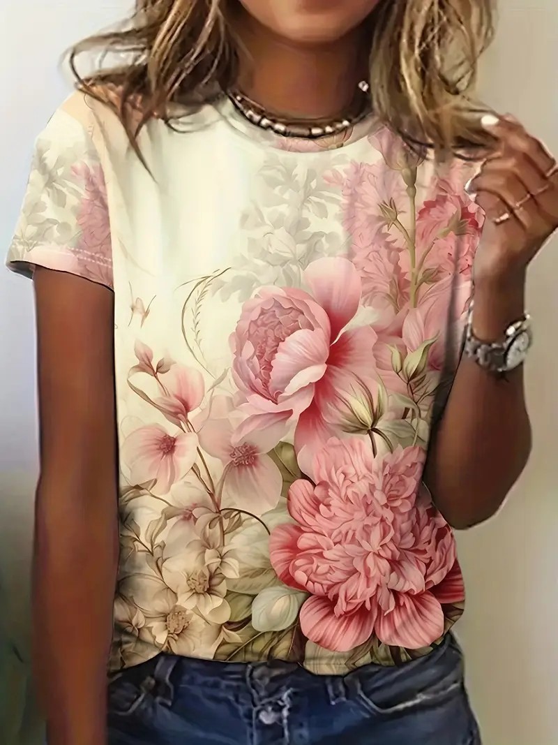 European And American Style 3D Printed Round Neck Short Sleeve Tshirt, New Summer Floral