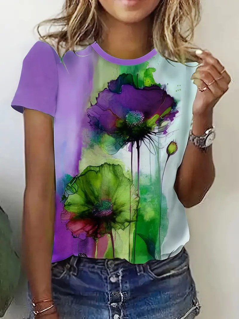 European And American Style 3D Printed Round Neck Short Sleeve Tshirt, New Summer Floral