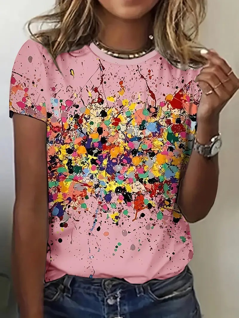 European And American Style 3D Printed Round Neck Short Sleeve Tshirt, New Summer Floral