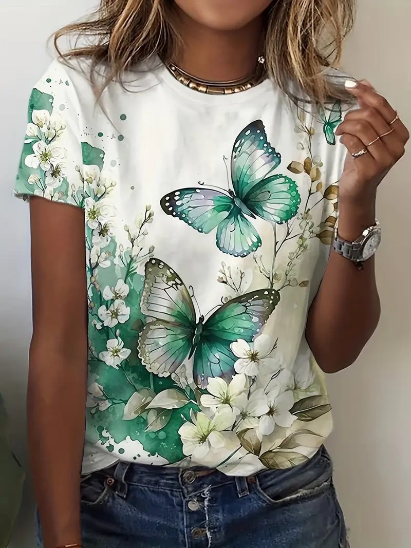 European And American Style 3D Printed Round Neck Short Sleeve Tshirt, New Summer Floral