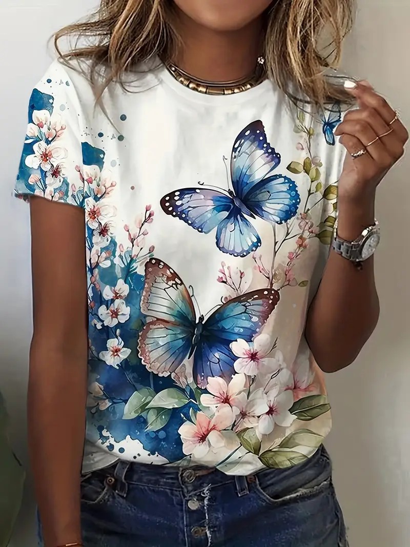 European And American Style 3D Printed Round Neck Short Sleeve Tshirt, New Summer Floral