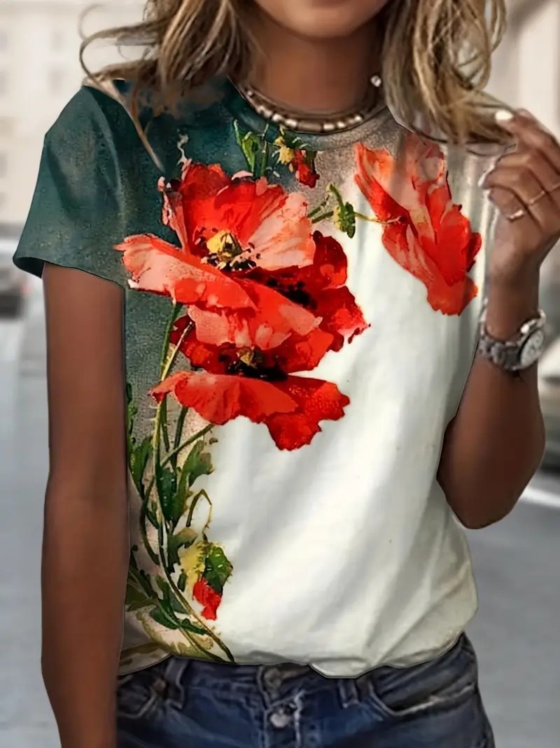European And American Style 3D Printed Round Neck Short Sleeve Tshirt, New Summer Floral