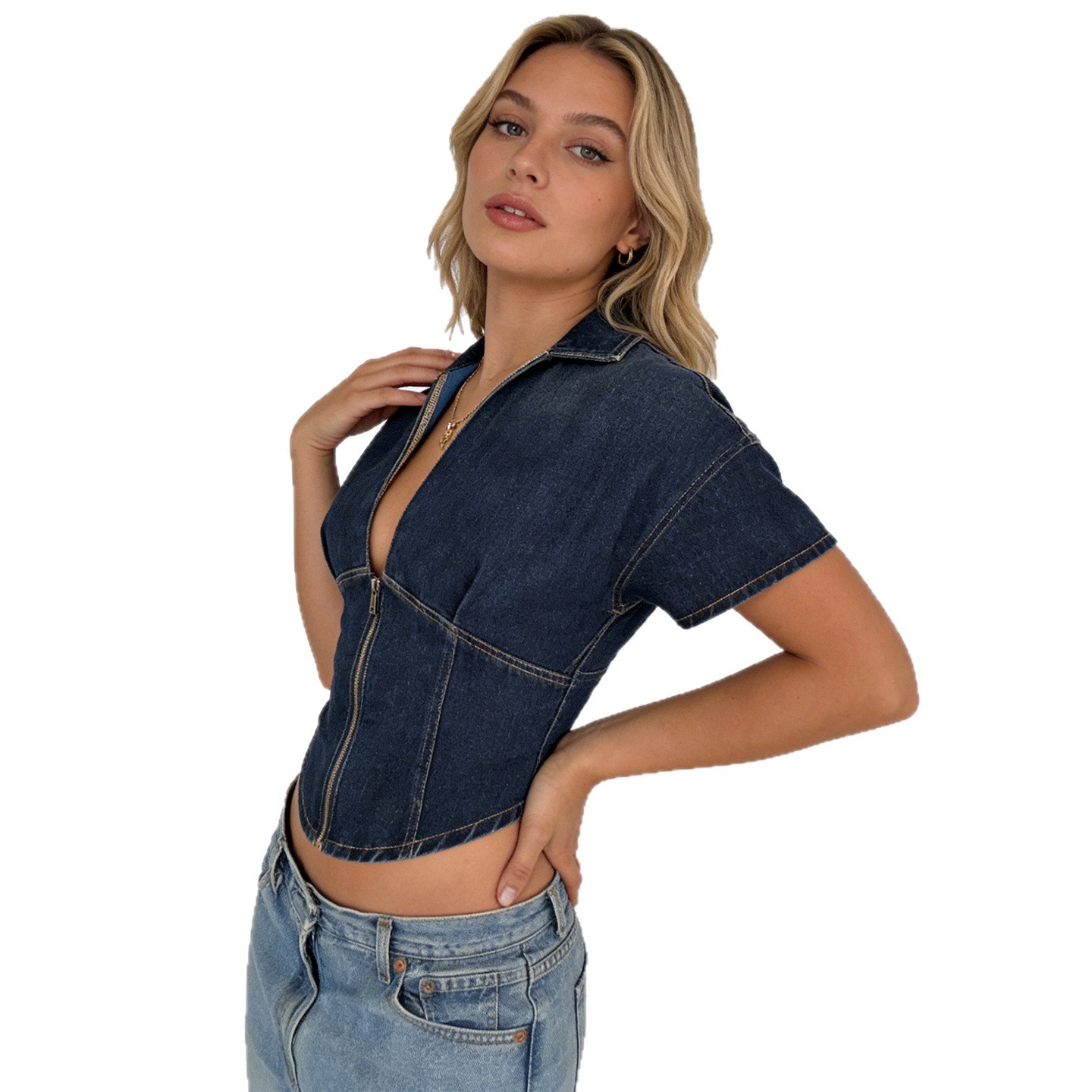 European And American Style Casual Commute Fitted Waist V Neck Short Sleeve Top