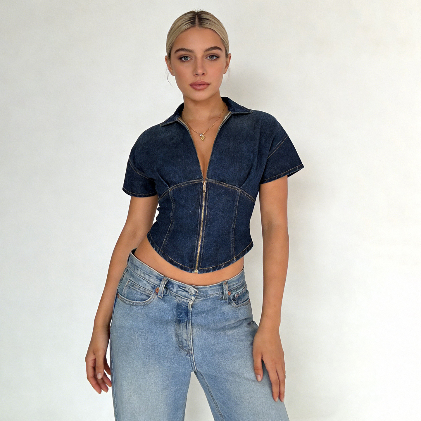 European And American Style Casual Commute Fitted Waist V Neck Short Sleeve Top