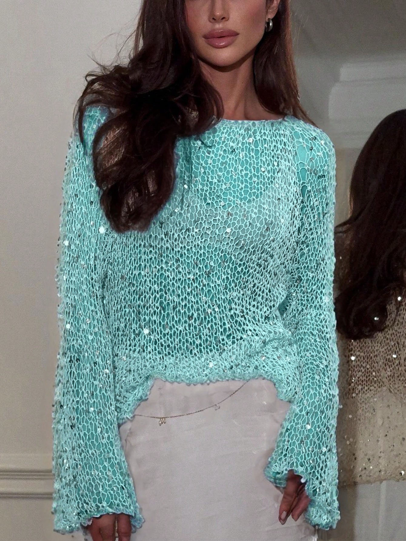 European And American Style Edgy And Chic Socialite Inspired Sequin Embellished Knit Top