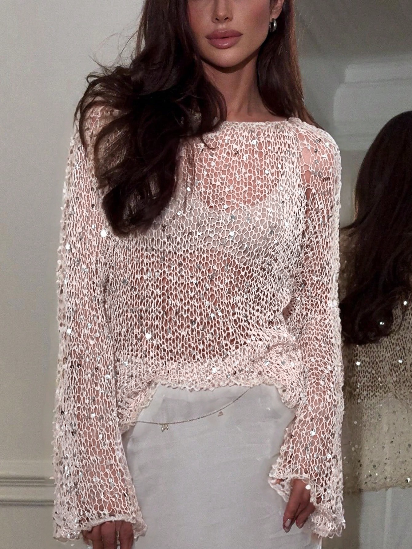 European And American Style Edgy And Chic Socialite Inspired Sequin Embellished Knit Top