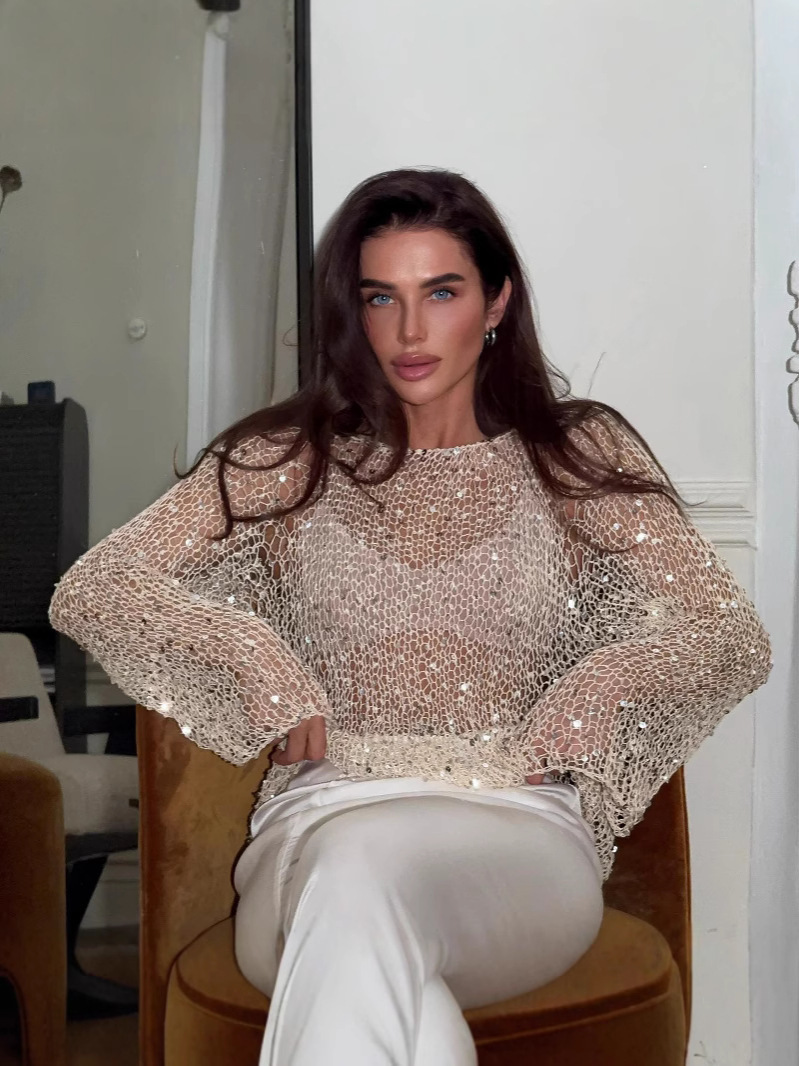 European And American Style Edgy And Chic Socialite Inspired Sequin Embellished Knit Top