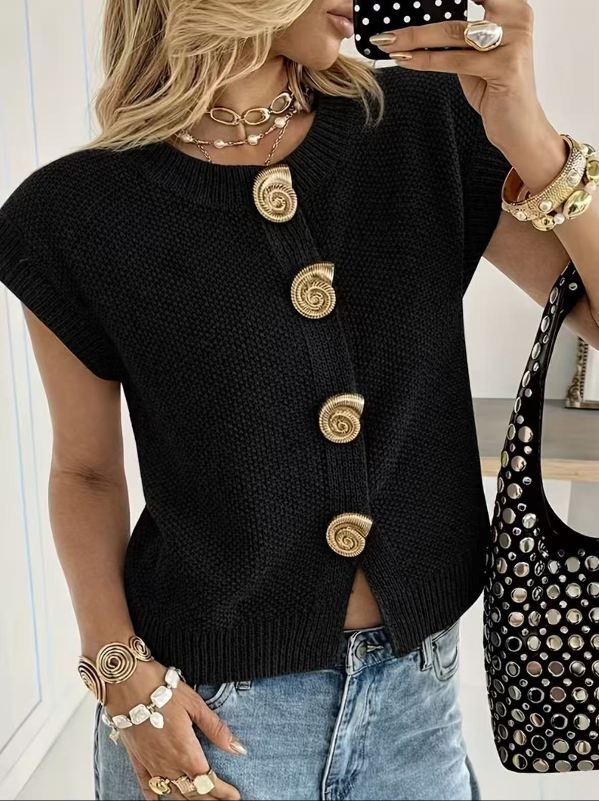 European And American-style Round-neck Short-sleeved Knitted Cardigan