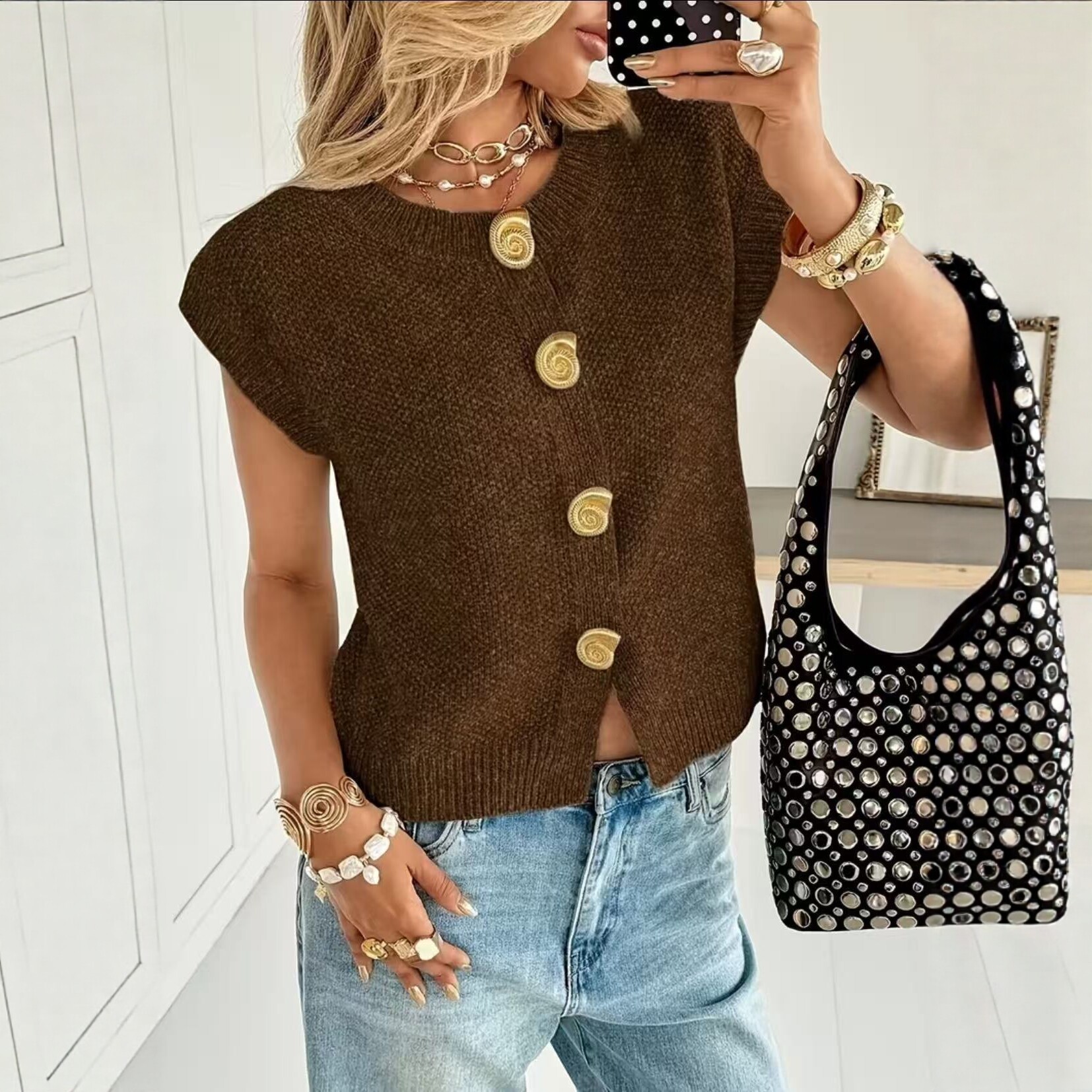 European And American-style Round-neck Short-sleeved Knitted Cardigan