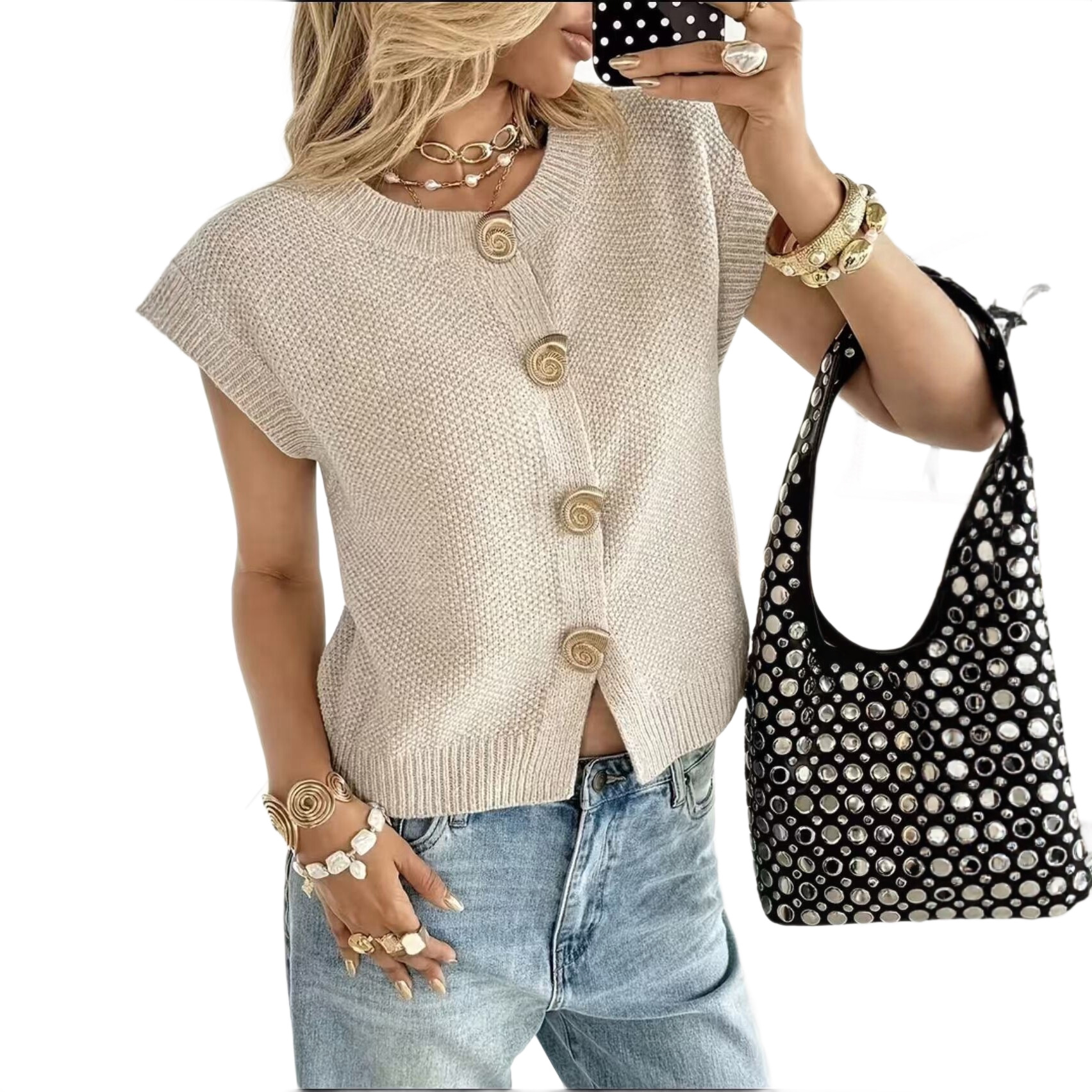 European And American-style Round-neck Short-sleeved Knitted Cardigan