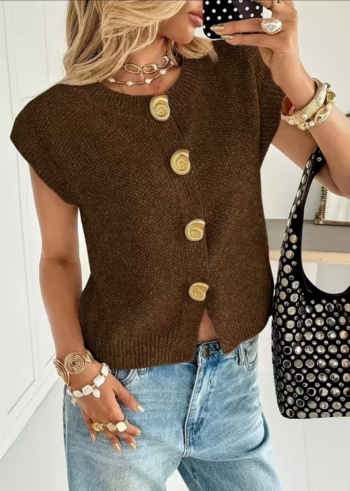 European And American-style Round-neck Short-sleeved Knitted Cardigan
