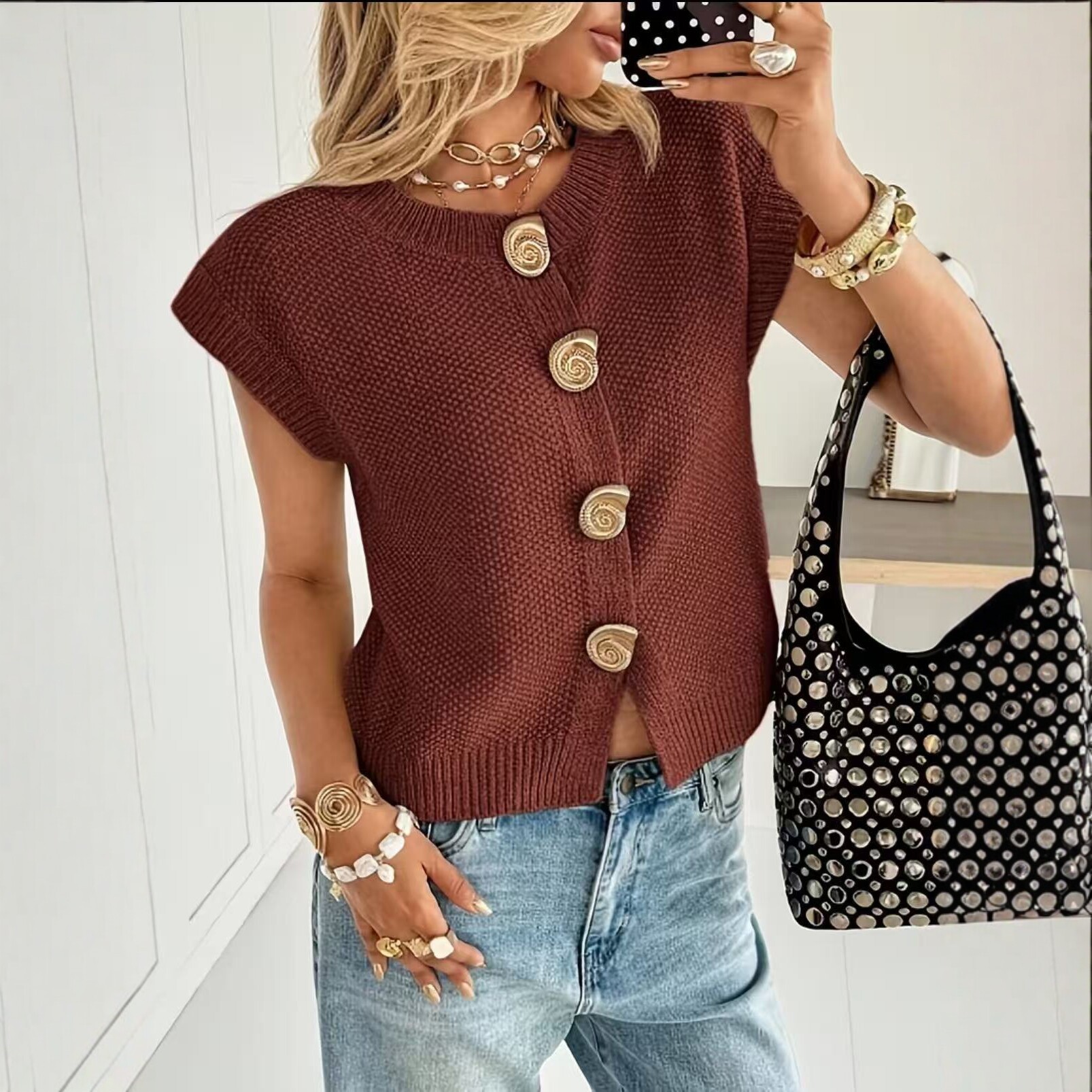 European And American-style Round-neck Short-sleeved Knitted Cardigan