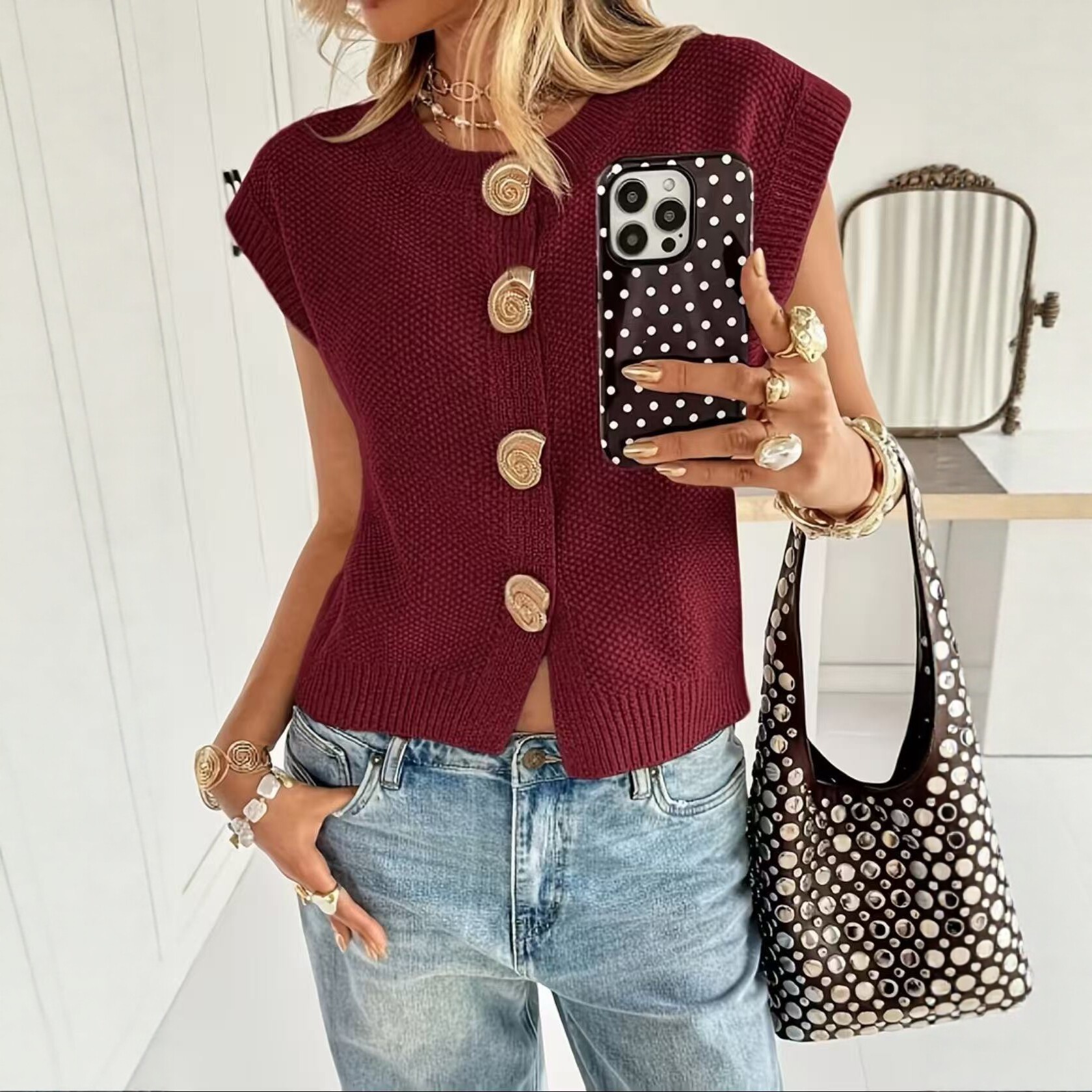 European And American-style Round-neck Short-sleeved Knitted Cardigan