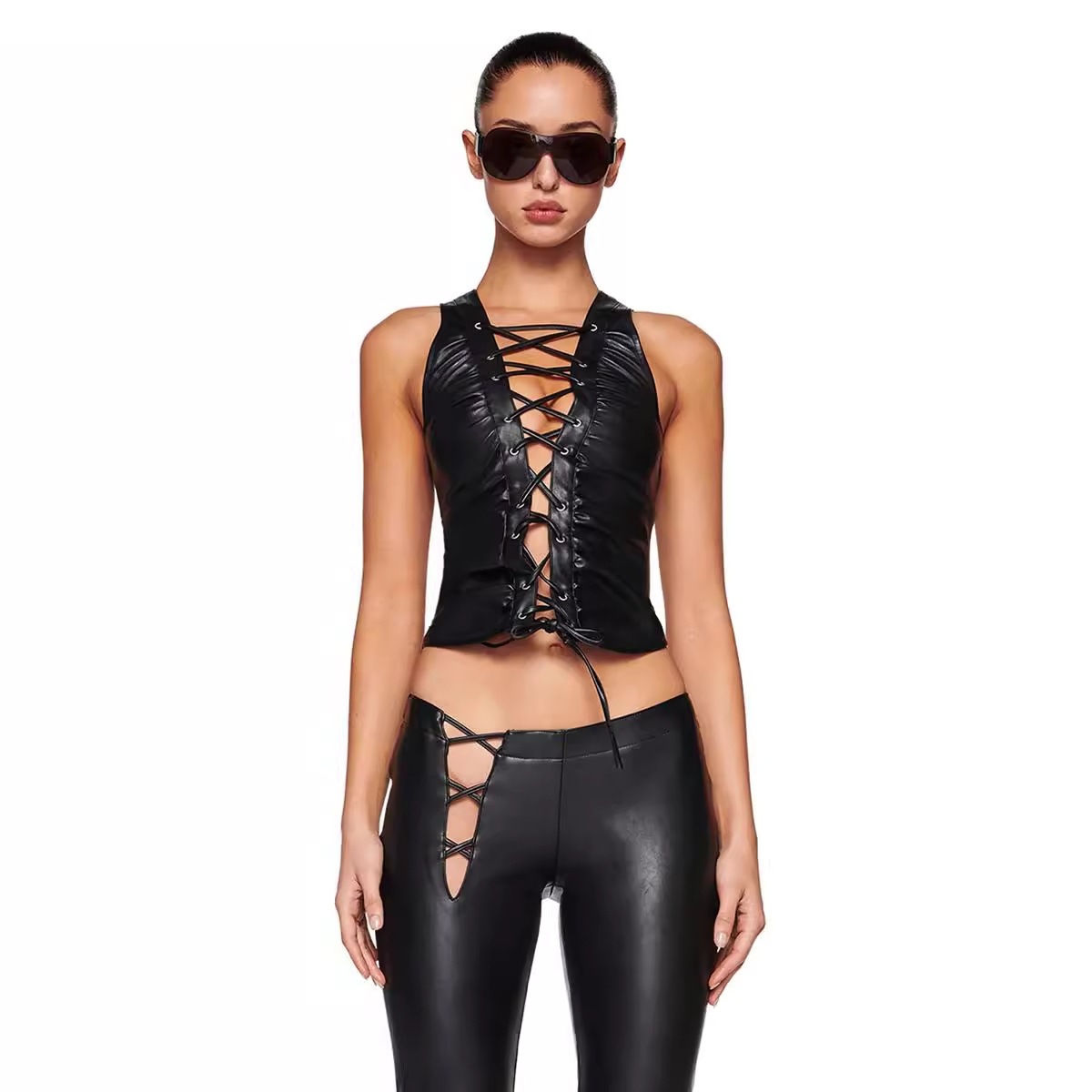 European And American-style Solid-color Rivet Strap PU Leather Sleeveless Top