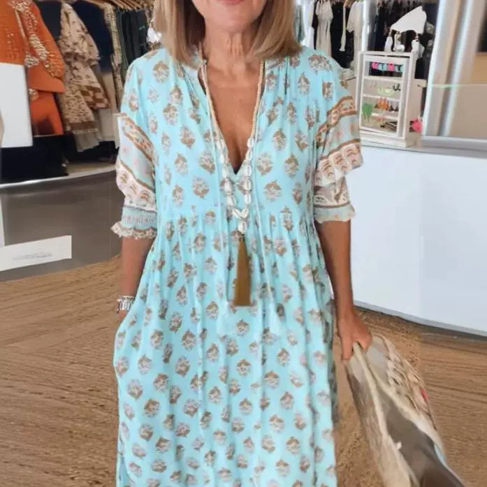European And American Style Summer New Bohemian V Neck Fashion Printed Lantern Sleeve High