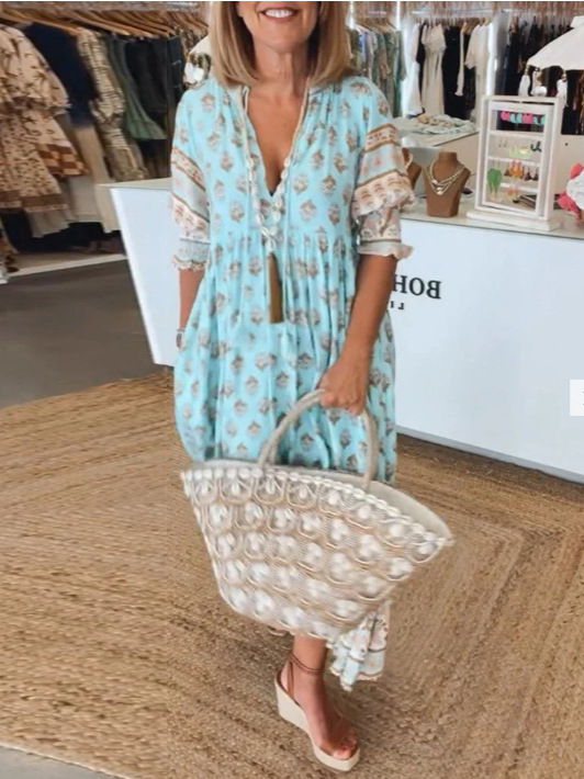 European And American Style Summer New Bohemian V Neck Fashion Printed Lantern Sleeve High