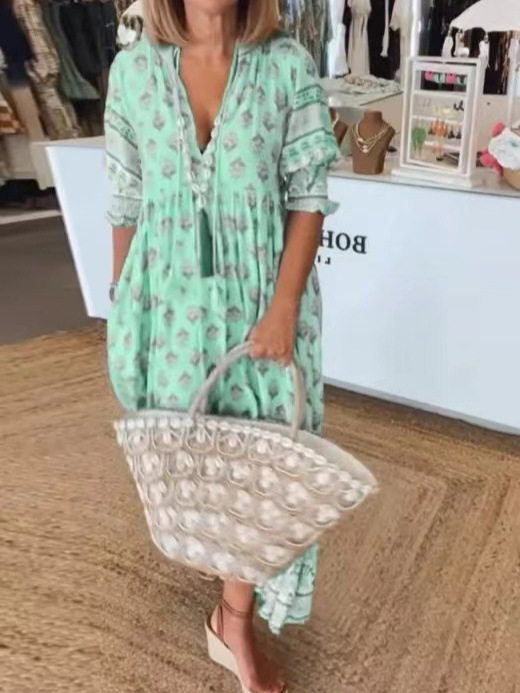 European And American Style Summer New Bohemian V Neck Fashion Printed Lantern Sleeve High