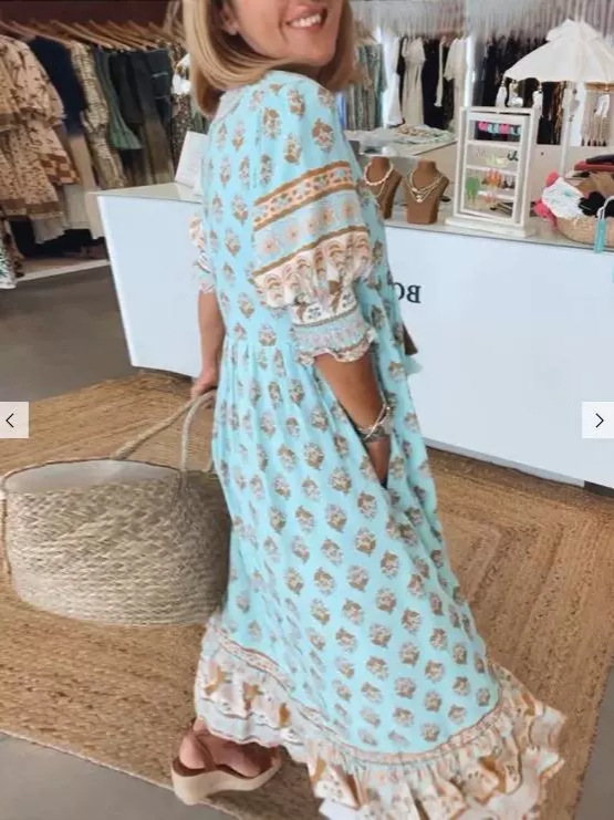 European And American Style Summer New Bohemian V Neck Fashion Printed Lantern Sleeve High