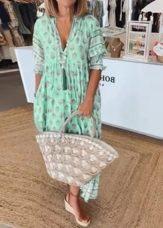 European And American Style Summer New Bohemian V Neck Fashion Printed Lantern Sleeve High