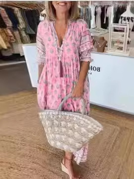 European And American Style Summer New Bohemian V Neck Fashion Printed Lantern Sleeve High
