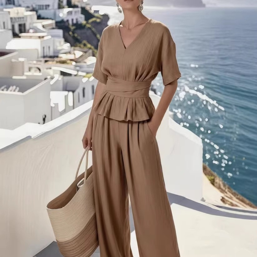 European And American Women's Fashion 2026 Summer New Casual Two-Piece Set V-Neck Tie