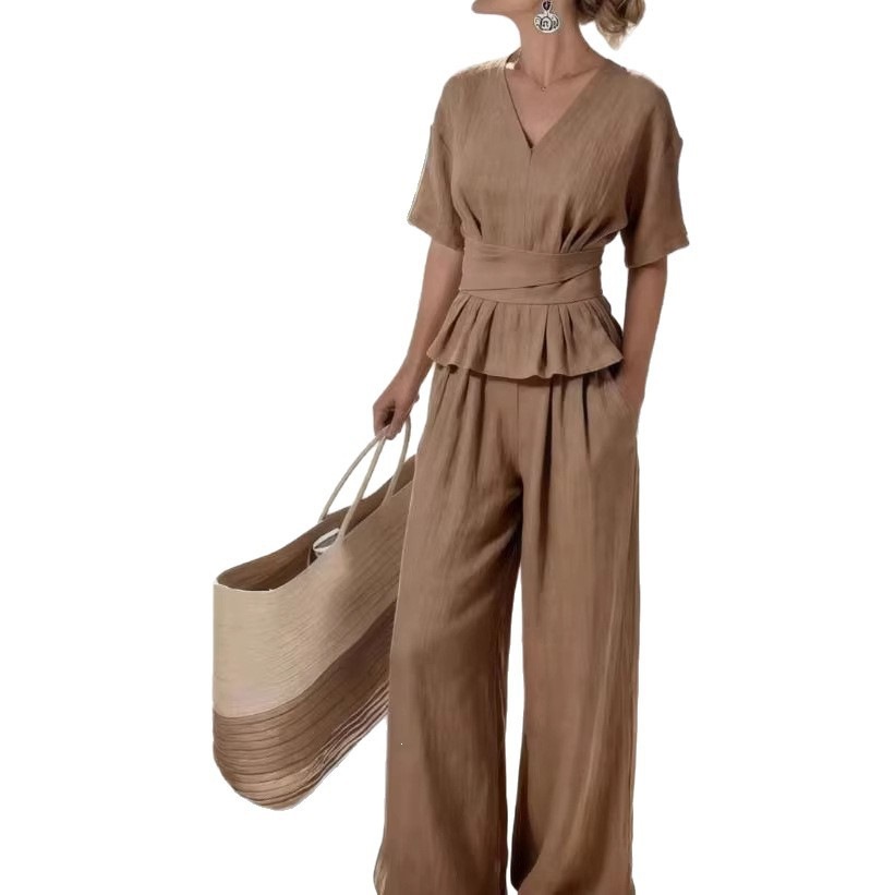 European And American Women's Fashion 2026 Summer New Casual Two-Piece Set V-Neck Tie
