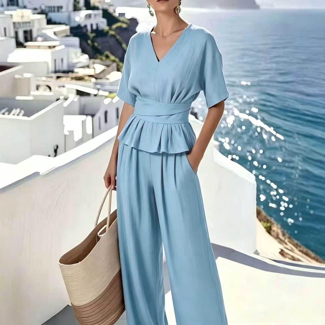 European And American Women's Fashion 2026 Summer New Casual Two-Piece Set V-Neck Tie