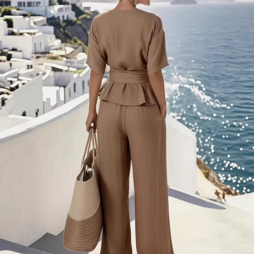 European And American Women's Fashion 2026 Summer New Casual Two-Piece Set V-Neck Tie