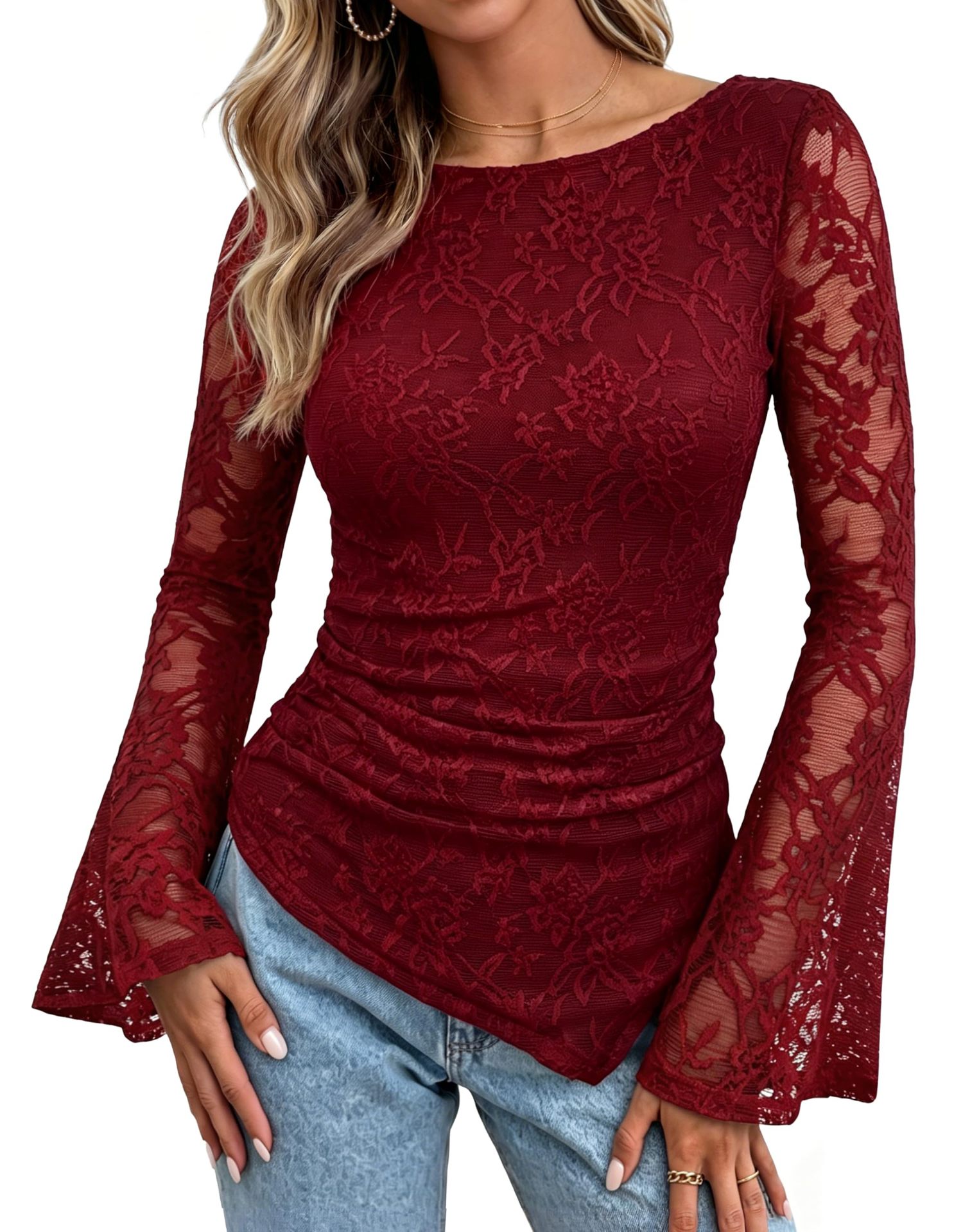 European And American Women's Fashion Amazon Autumn New Lace Long-Sleeve Top With