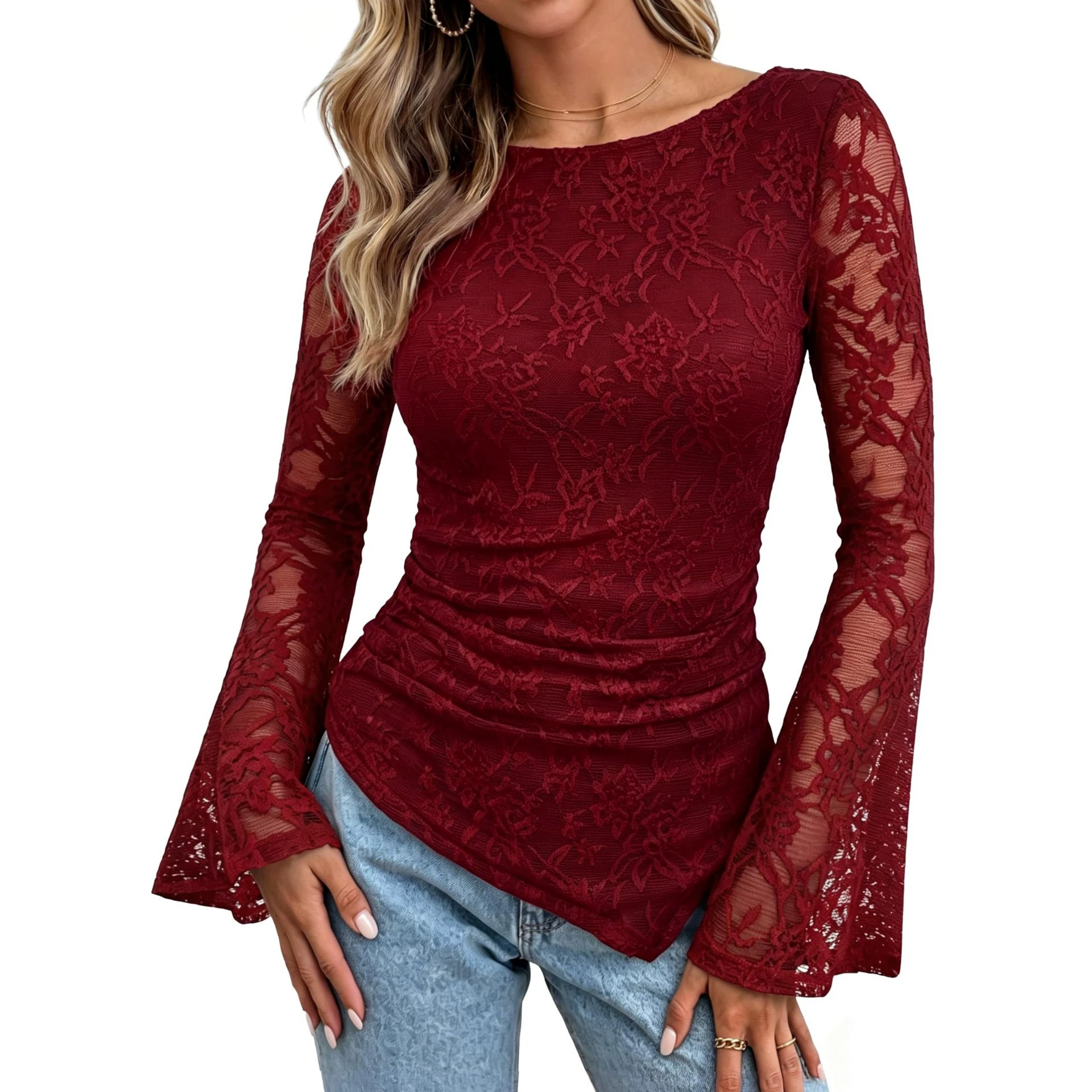 European And American Women's Fashion Amazon Autumn New Lace Long-Sleeve Top With
